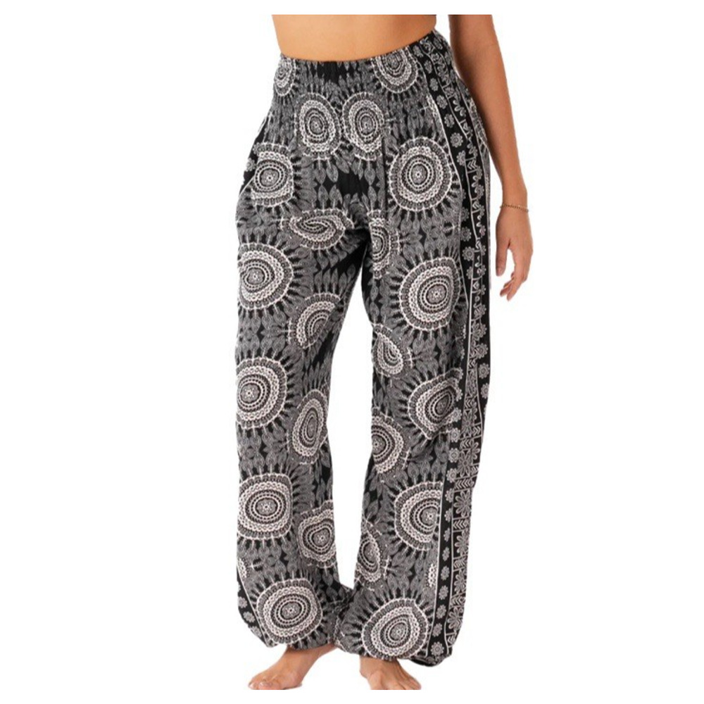 Lotus and Luna Womens Bondi Yoga Harem‎ Pants S Black Mandala Smocked Waist Boho